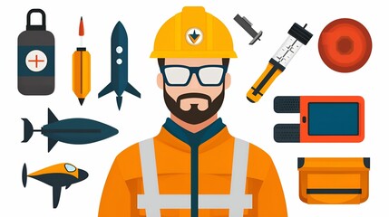 Health info tips safety concept. Illustration of a worker with safety gear surrounded by various tools and gadgets.