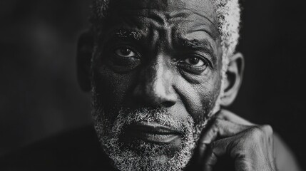 Obraz premium Close-up black and white portrait of a thoughtful senior African American man.