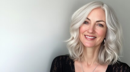 Naklejka premium Elegant woman with silver hair smiles radiantly against a soft backdrop in a serene indoor setting. Generative AI