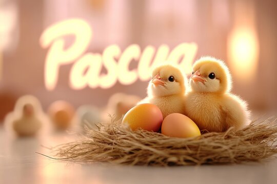 Escena de Pascua con pollitos en un nido y huevos de colores en un ambiente festivo