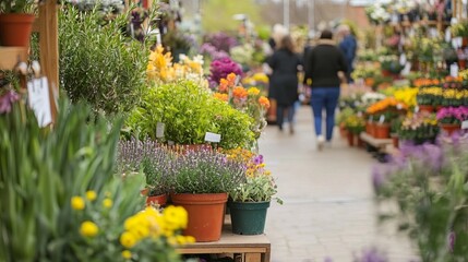 A bustling garden center with vibrant potted plants and people selecting spring flowers.