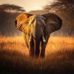 Obraz premium Majestic African elephant in golden savanna sunset.