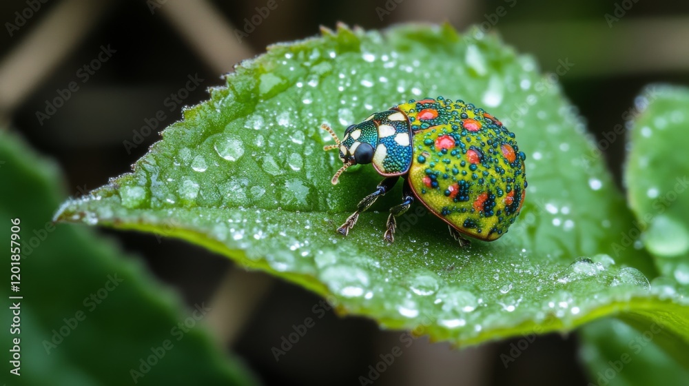 Aufkleber a close-up of a vibrant green leaf adorned with dew droplets, showcasing a colorful ladybug perched 