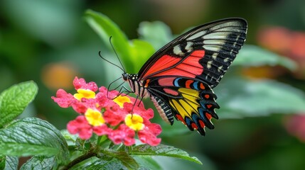 Obraz premium Colorful butterfly feeding on vibrant flower.