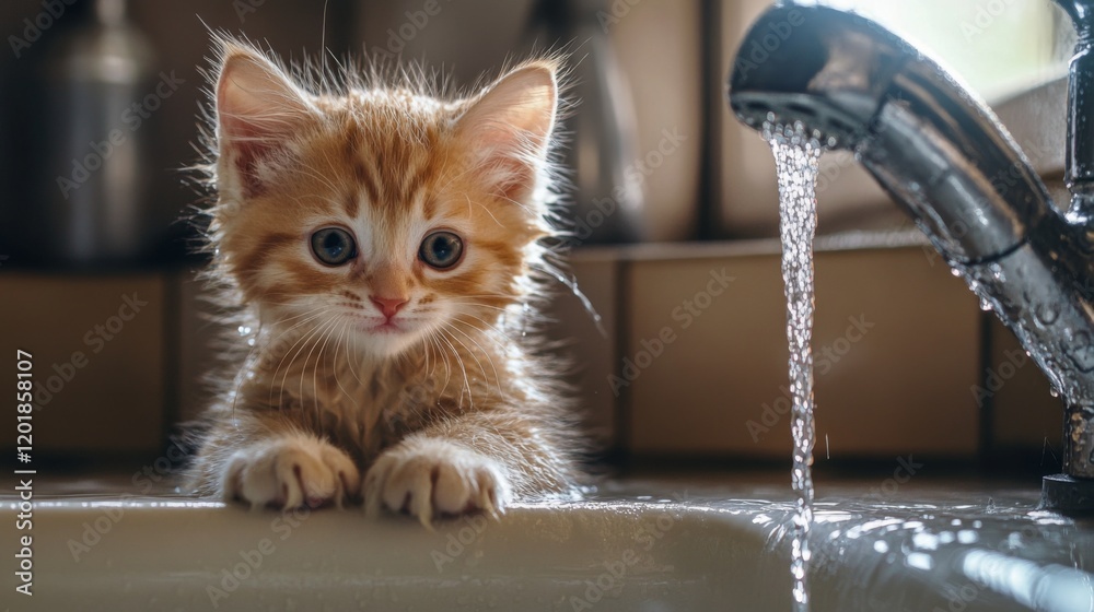 Poster a cute, drenched kitten sitting in a sink with a gentle stream of water flowing, its tiny paws resti