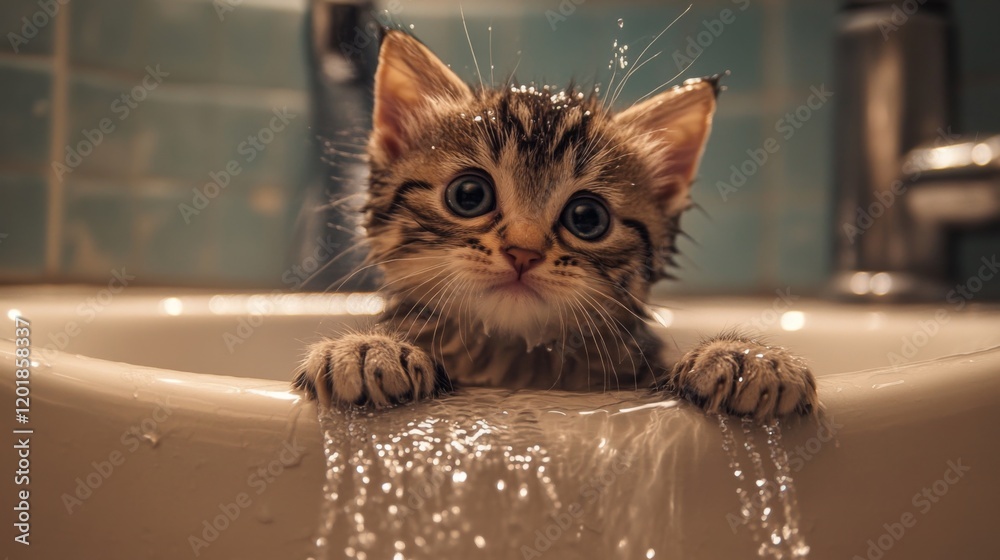 Poster a cute, drenched kitten sitting in a sink with a gentle stream of water flowing, its tiny paws resti
