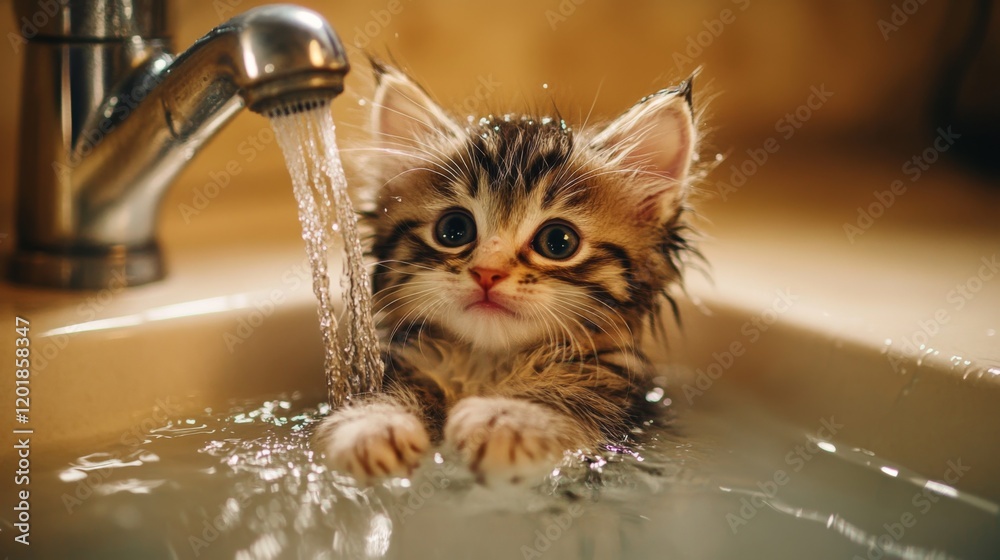 Poster a cute, drenched kitten sitting in a sink with a gentle stream of water flowing, its tiny paws resti