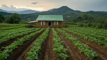 Lush green small scale eco friendly farming with local fruit crops and sustainable cultivation methods in a picturesque mountain valley landscape