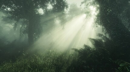 Fototapeta premium Sunbeams pierce through misty forest, illuminating lush vegetation and creating a mystical atmosphere.