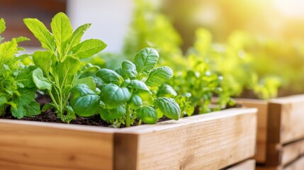 Sunlit Raised Garden with Lush Green Leafy Vegetables in Wooden Planters