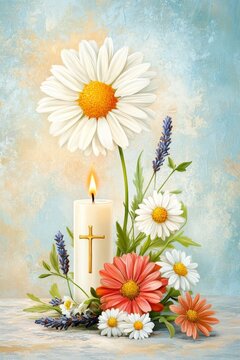 Decoraci&oacute;n de Pascua con vela blanca y flores coloridas