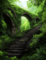 Explore a lush, overgrown staircase framed by ancient arches, where nature reclaims stone structures, creating a serene sanctuary filled with vibrant greenery and a mystical ambiance.