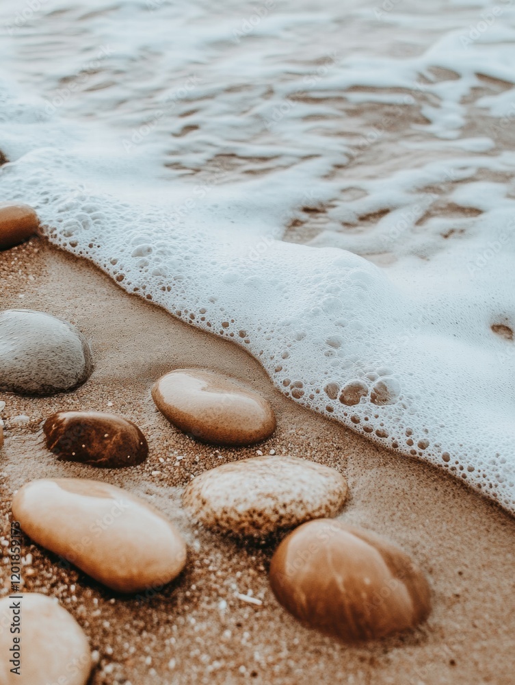 Poster Close up view of smooth beach pebbles with gentle ocean waves washing over the sandy shoreline during a sunny day. Generative AI