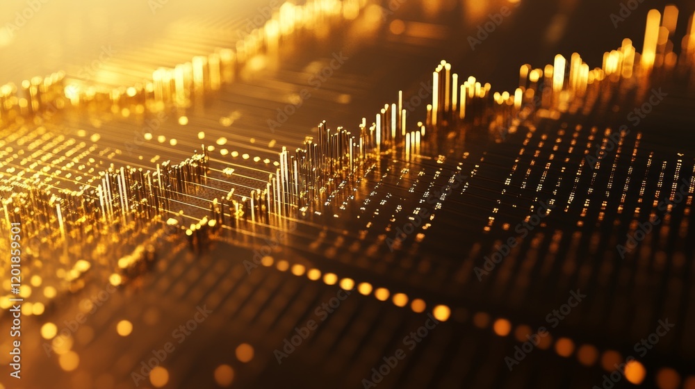 Poster A detailed shot of a D gold surface graph with a polished gold topography, representing complex financial data relationships and market trends in a premium style.