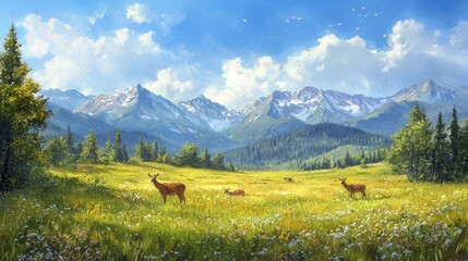 Serene Mountain Meadow Landscape with Deer Grazing in Summer Sunlight