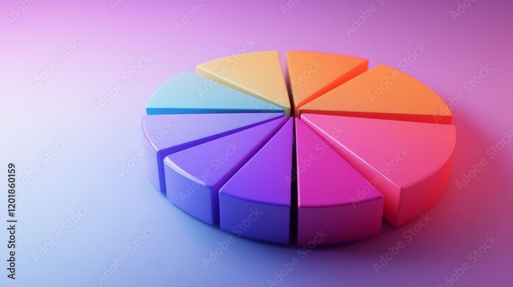Poster a detailed shot of a d pie chart with segmented sections and labels, displaying data in a visually e