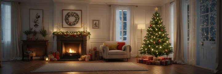 Naklejka premium Christmas tree decorated with ornaments and lights in a cozy living room, living room decor, Christmas tree