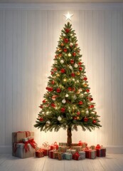 Christmas tree decorated with ornaments and lights on a white shiplap wall, garlands, christmas tree decor,