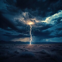 Fototapeta premium Dramatic lightning strike over a desert landscape at night.