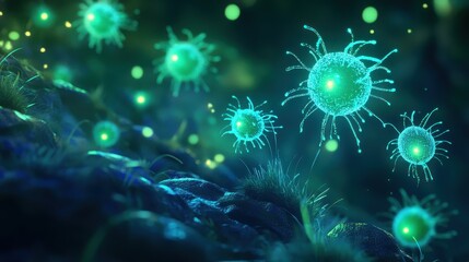 Fototapeta premium Microscopic view of glowing virus particles, [virus, germ, biology concept], [highly detailed, bioluminescent effect, futuristic medical visualization]