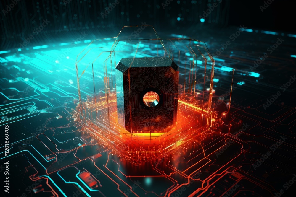 Poster quantum processor transferring data through a futuristic circuit board, symbolizing advanced computi