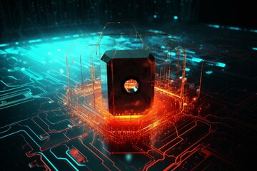 Quantum processor transferring data through a futuristic circuit board, symbolizing advanced computing technology