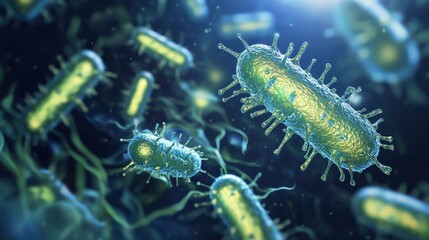 Fototapeta premium Microscopic view of glowing virus particles, [virus, germ, biology concept], [highly detailed, bioluminescent effect, futuristic medical visualization]