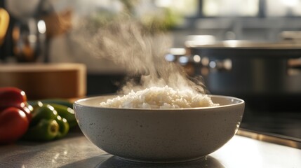 A detailed shot of a bowl of hot rice with steam rising and a few grains sticking to the sides, placed on a kitchen countertop with cooking utensils in the background.