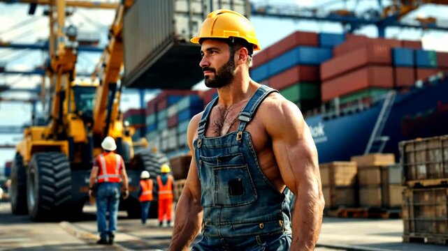 Muscular man with a beard, wearing a yellow hard hat and denim overalls, stands at a busy industrial port with shipping containers and machinery in the background