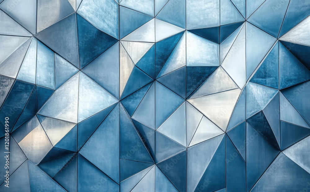 Poster abstract geometric pattern with sharp angles and diverse textures in shades of blue, creating a mode