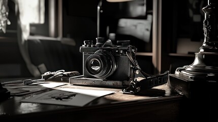 Vintage camera on a dark wooden desk.