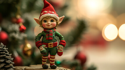 Charming Christmas elf figurine dressed in a festive green and red outfit with playful striped stockings