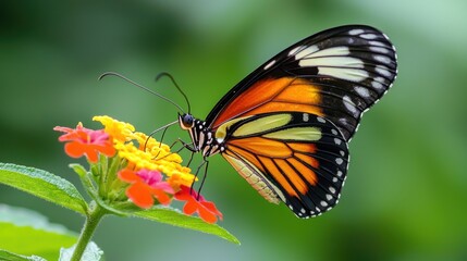 Fototapeta premium Orange butterfly feeding on vibrant flowers.