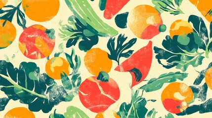 A fresh vegetable medley in a random yet artistic pattern, including a mix of root and leafy vegetables, with bright colors creating a cheerful and natural feel 