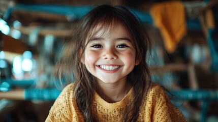 A smiling child enthusiastically weaves colorful fabric in a creative workshop, experiencing joy and learning while engaging in the traditional craft of weaving.