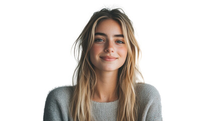 A portrait of a young woman with long hair and a warm smile. She exudes confidence and positivity, making this image perfect for lifestyle and wellness themes.
