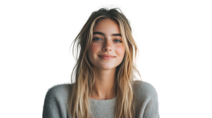 A portrait of a young woman with long hair and a warm smile. She exudes confidence and positivity, making this image perfect for lifestyle and wellness themes.