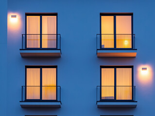 Obraz premium Modern Apartment Facade with Warmly Lit Windows at Twilight