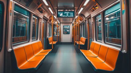 Fototapeta premium A detailed shot of the interior of an electric train, showing comfortable seating and digital display screens, highlighting the modern and clean design.