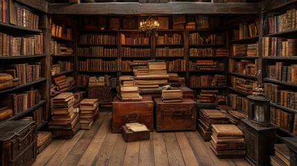Obraz premium Antique books overflowing a rustic library.