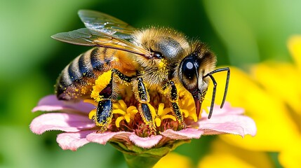 Fototapeta premium Close-up of a bee collecting pollen from a vibrant flower in a lush garden setting