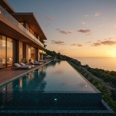 Fototapeta premium Luxurious cliffside villa, infinity pool overlooking ocean, sunset view, floor-to-ceiling windows, modern architecture, tropical paradise, golden hour lighting, reflective water surface, seamless indo