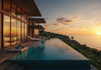 Fototapeta premium Luxurious cliffside villa, infinity pool overlooking ocean, sunset view, floor-to-ceiling windows, modern architecture, tropical paradise, golden hour lighting, reflective water surface, seamless indo