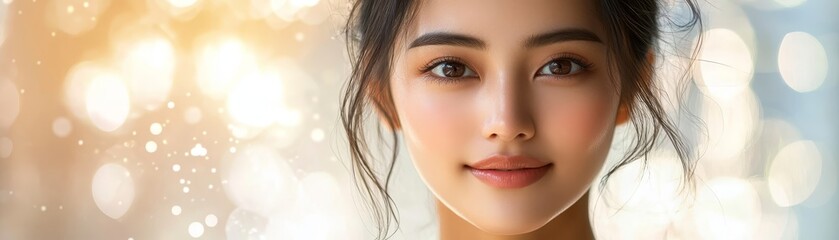 Naklejka premium Elegant woman with flowing long hair in white dress portrait of grace and style