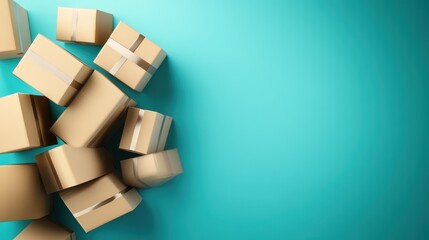 Numerous cardboard boxes are creatively arranged on a teal background, representing organization, storage, and potential in a modern, minimalist style.