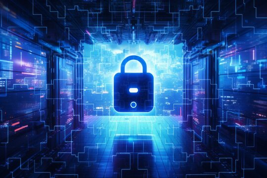 Glowing digital padlock secures server room, symbolizing data protection and cybersecurity in modern technology
