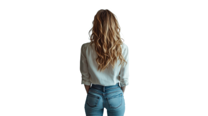 A young woman stands from behind, showcasing her long, flowing hair. She is dressed casually in a light shirt and fitted jeans, exuding a relaxed vibe.