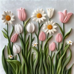 Quilled Spring Blooms Daisy Tulips White Pink Flowers Paper Craft Art Garden Floral Design