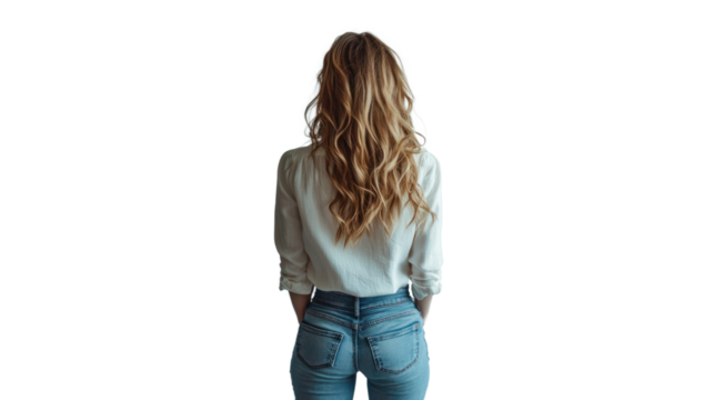 A young woman stands from behind, showcasing her long, flowing hair. She is dressed casually in a light shirt and fitted jeans, exuding a relaxed vibe.