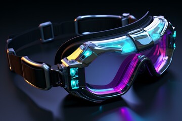 High tech goggles with glowing neon accents rest on a dark surface, showcasing a futuristic design
